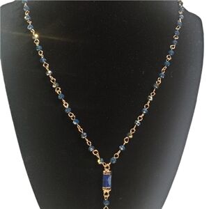 Natural Lapis Lazuli Semiprecious Stone Gold Wire Wrapped Beaded Chain Lariat